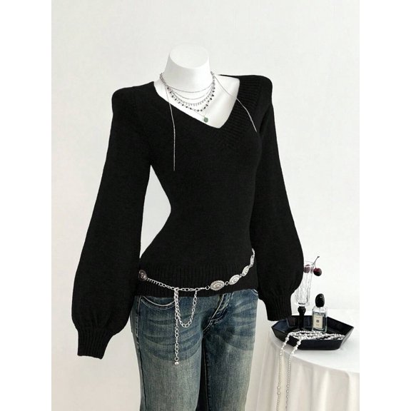 Women Black V-Neck Lantern Sleeve Sweater With Chain Detail