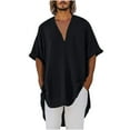 thumbnail image 2 of LADIGASU Men's Loose Solid Color V-Neck Half Sleeve Loose Lapel Cotton And Linen Tunic Summer Shirt Blouse, 2 of 6
