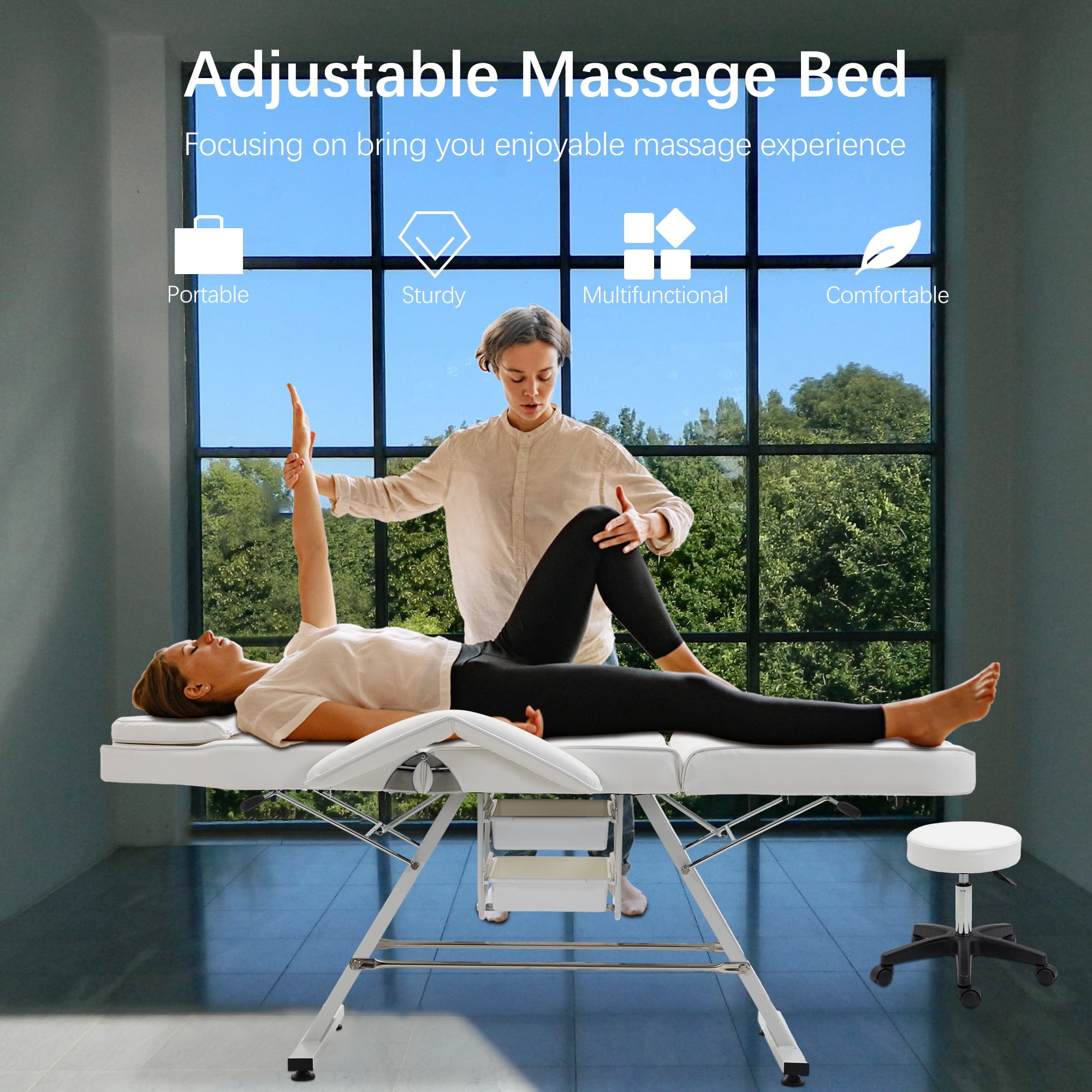 Miniyam 72.7" x 24.4" x 27.6" 3-in-1 Massage Bed & Tattoo Chair – 2 Trays, Hydraulic Stool, Adjustable 3 Sections – for Facial, Beauty, Barber – White
