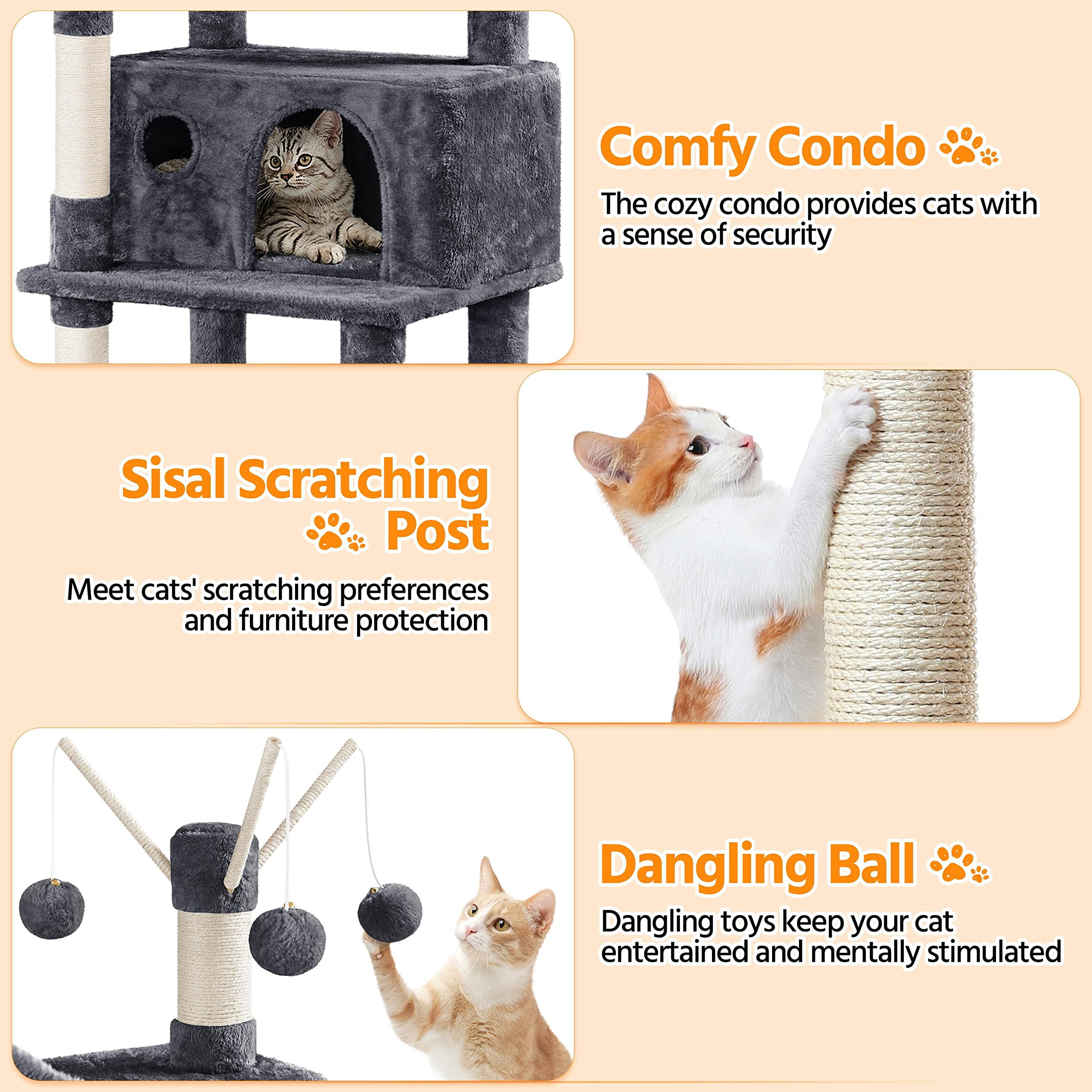 Cat Tree for Indoor Cats 67in Tall, Multi-Level Cat Tower with Condos Scratching Posts Hammock Basket Dangling Toys, Playhouse for Kittens Adult Cats, Dark Gray