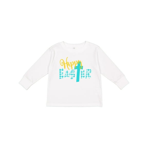 Inktastic Happy Easter with Cross in Teal Plaid Boys or Girls Long Sleeve Toddler T-Shirt