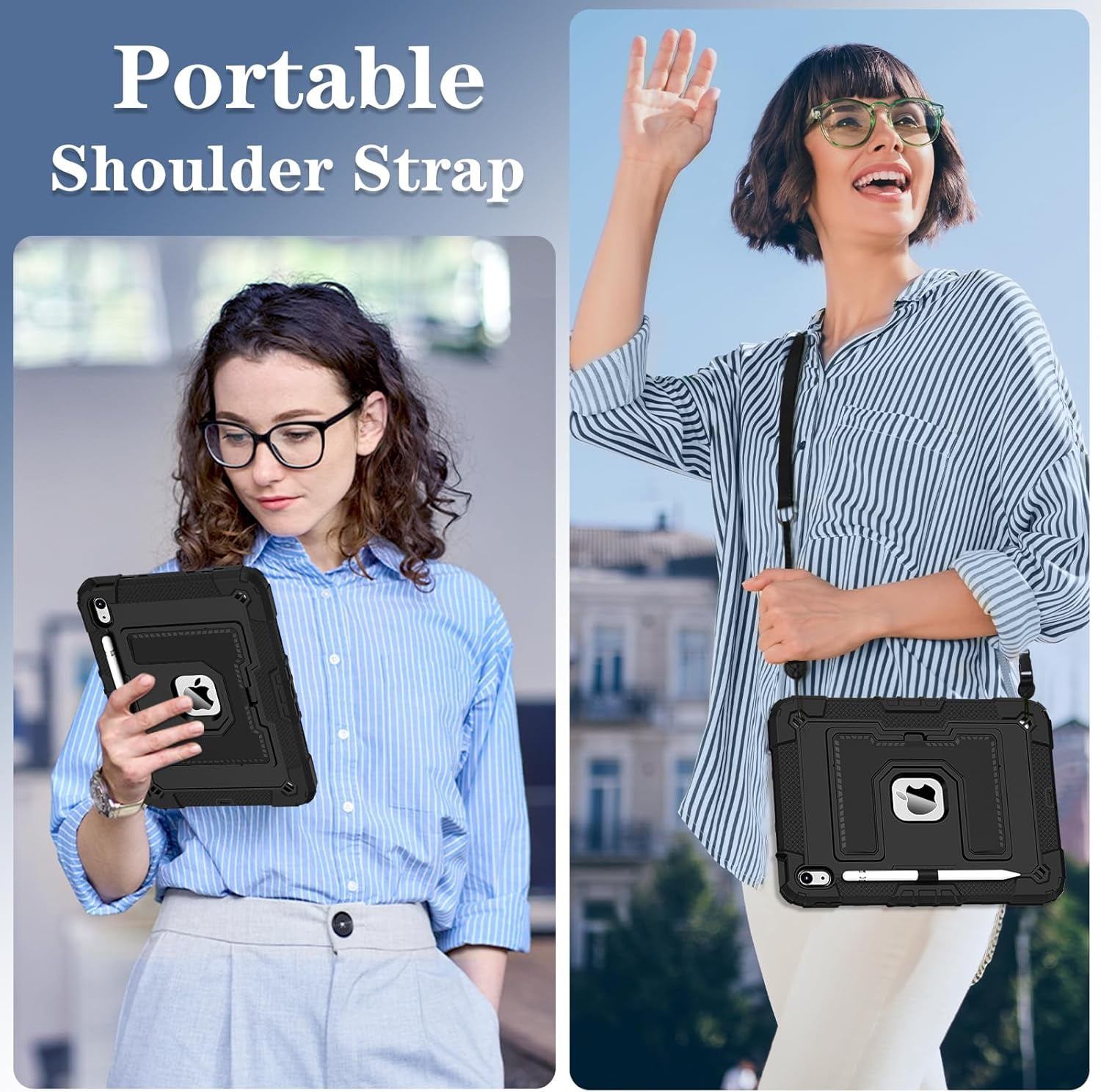 REQO Heavy Duty Protective Tablet Case for iPad 11th/10th Gen 2025/2022, 3 in 1 Robot Silicone Cover with Pencil Holder,Shoulder Strap, Large Bracket Fold Kickstand