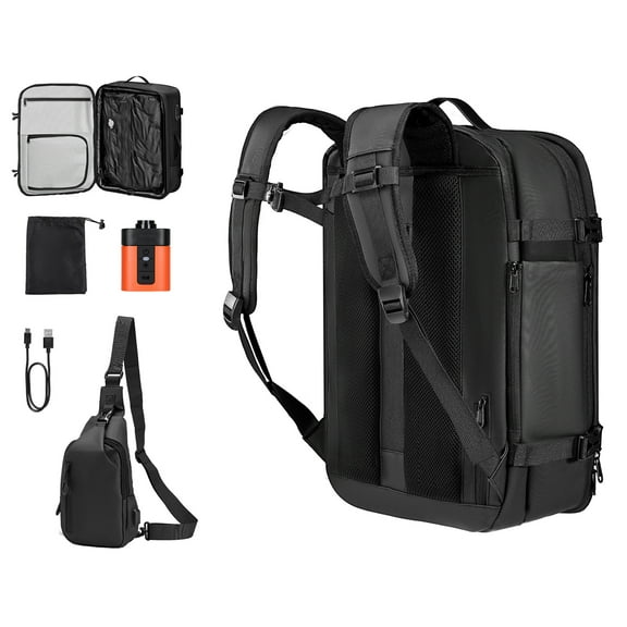 KFFKFF Expandable 65L Travel Backpack with Vacuum Compression, TSA Lock, Water-Resistant Carry-On Bag with Pump, Ideal for Business Trips, Black