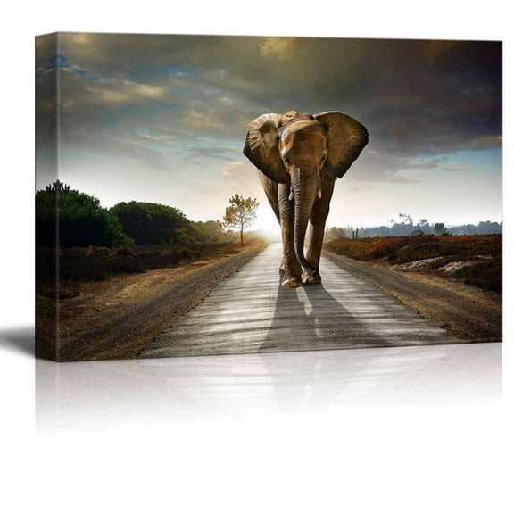 wall26 - Canvas Prints Wall Art - Large Elephant Walking Behind a Dark Cloudy Sky | Modern Wall Decor/Home Decoration Stretched Gallery Canvas Wrap Giclee Print. Ready to Hang - 24" x 36"