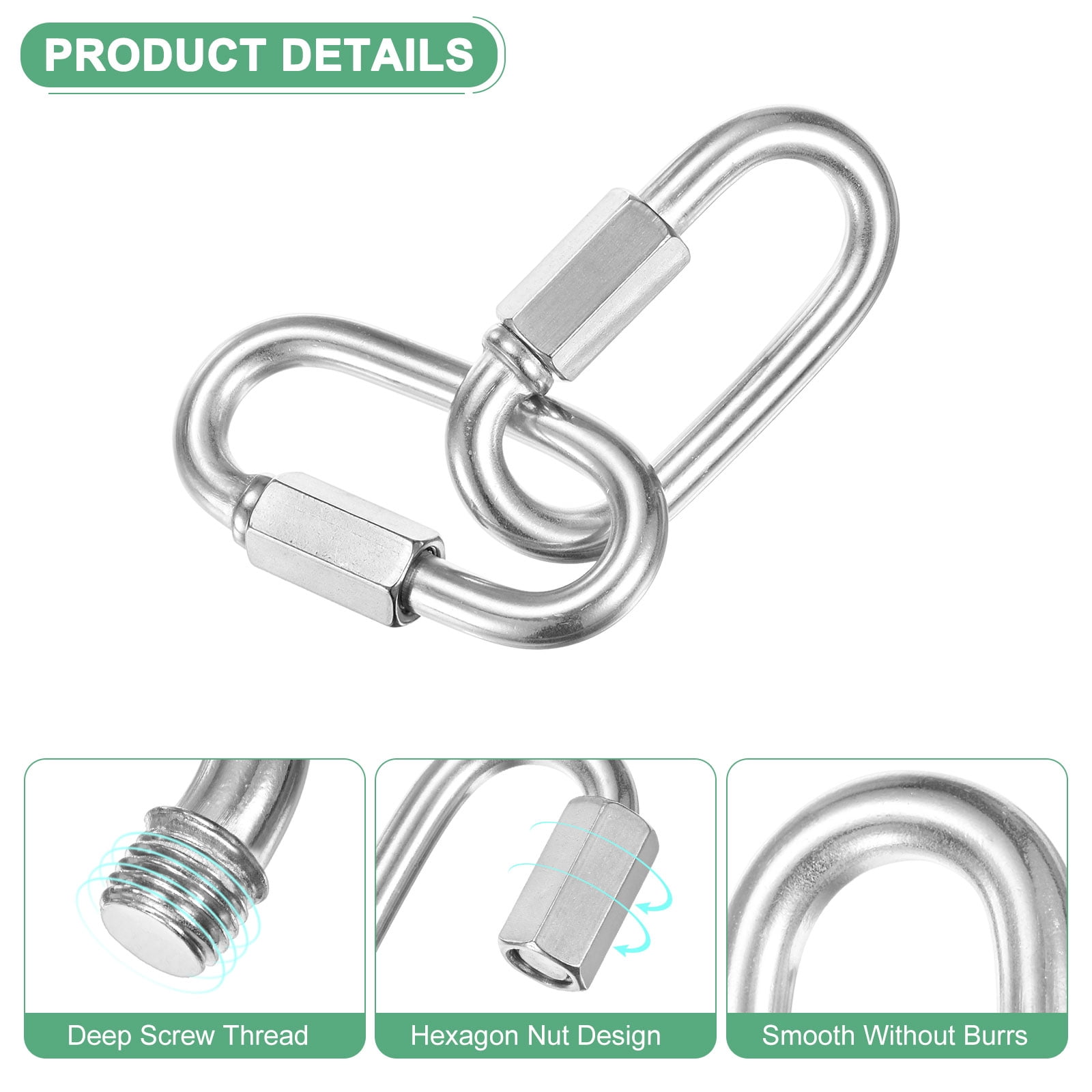 6-Pack Quick Chain Link Connector, M8 5/16 304 Stainless Steel D-Shape Locking Repair Chain Links for Swing/Camping/Hiking/Backpack, Twist Key Ring Screw Chain Link [Silver]
