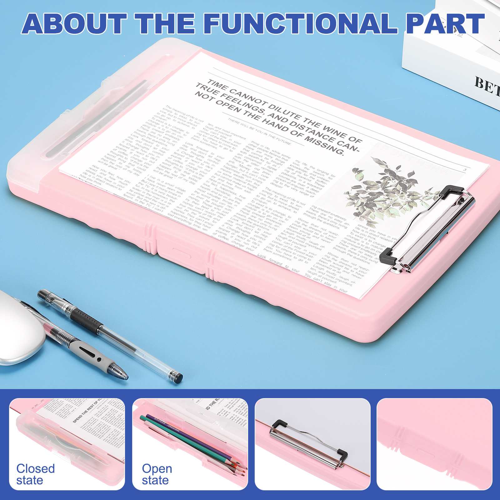 Uxcell 14'' x 10'' Metal Clipboard with Plastic Storage Large Capacity Clipboards Case for Writing Pink