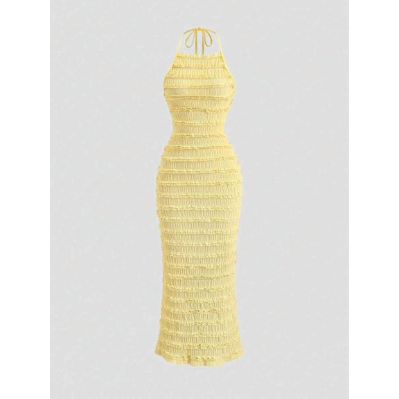 Yellow Ruched Halter Maxi Dress With Adjustable Neck Tie