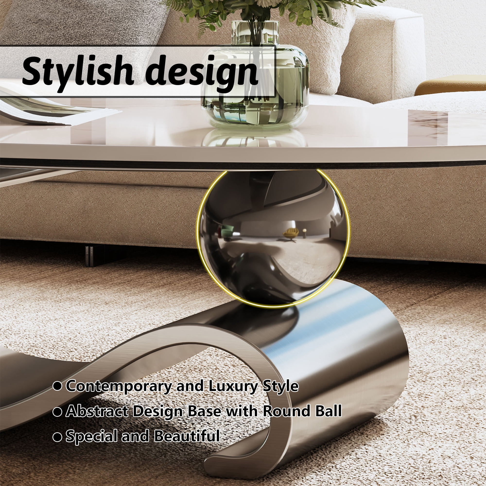 HIUU White Marble Coffee Table for Living Room,Oval Coffee Table with Grey Stainless Steel Base for Living Room