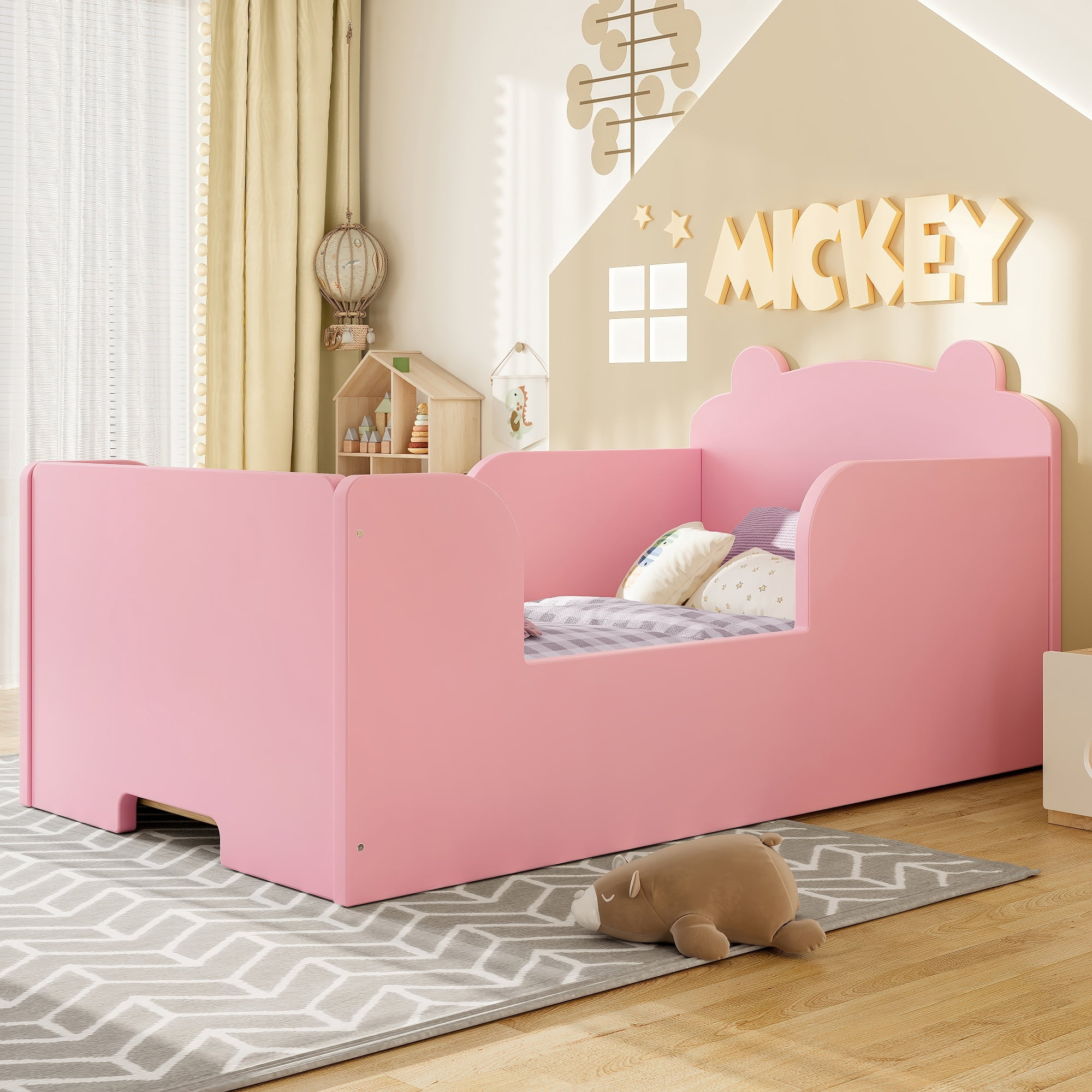 Jopath Toddler Floor Bed Frame, Cot Bed with Bear Shape Toddler Bed for Boys and Girls Pink