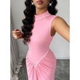 thumbnail image 3 of Pink Semi-High Neck Sleeveless Knitted Pleated Maxi Dress With Pearl Embellishment, Elegant Evening Gown, 3 of 8
