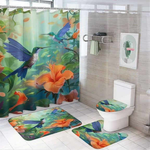 Flower Hummingbird 4 Pcs Shower Curtain Set with Rug Bathroom Sets with Waterproof Fabric And Non-Slip Rugs Toilet Lid Cover Bath Mat Decor with Hooks