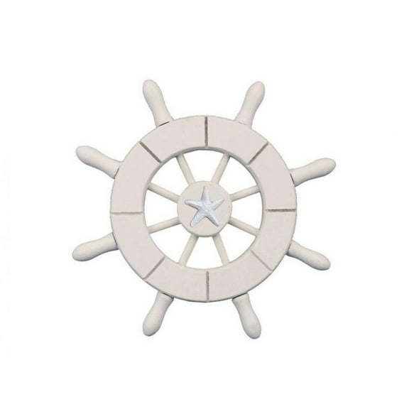 Handcrafted Nautical Decor White Decorative Ship Wheel with Starfish 6" - Ships Steering Wheel Decoration