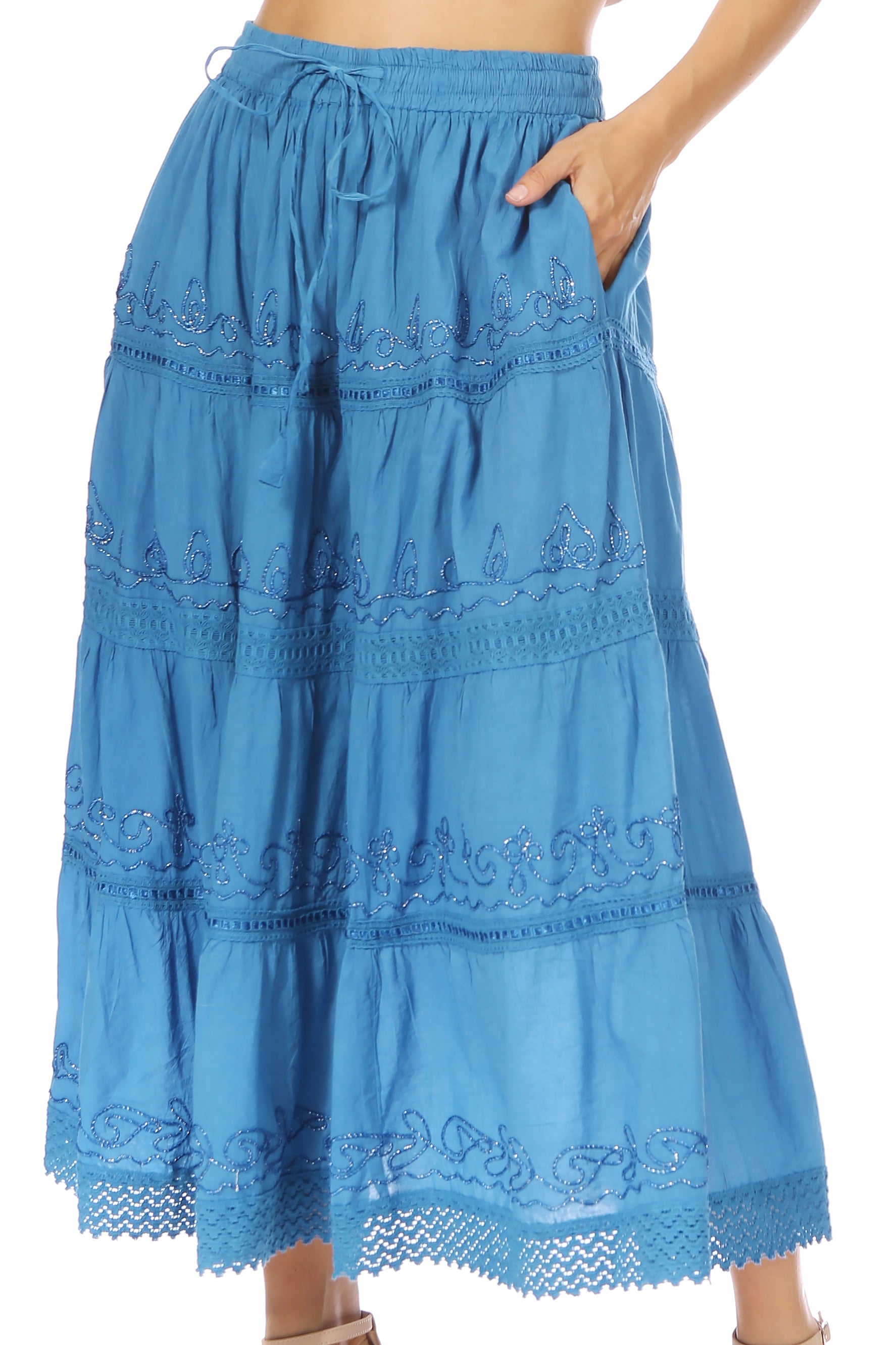 Sakkas Solid Embroidered Crochet Lace Trim Gypsy Bohemian Mid Length Cotton  Skirt - Blue - One Size - Walmart.com