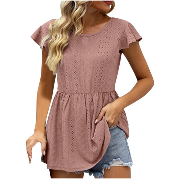 Blusas casuales de manga corta con cuello redondo de color sólido para mujer OAVQHLG3B Store lin121212