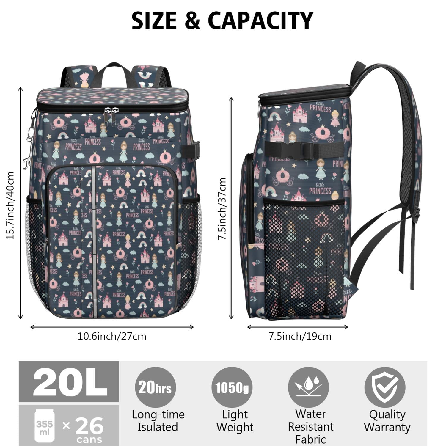 Travel Cooler Bag - Dark Blue Little Princess Pattern Camping Beer Cooler Backpack with Bottle Opener- Waterproof Insulated Picnic Backpacks - Cooler Bag for Beach