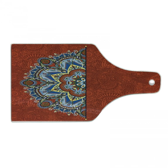 Mandala Cutting Board, Ukranian Design Half Flower Pattern Swirls and Petals Image, Decorative Tempered Glass Cutting and Serving Board, Wine Bottle Shape, Burgundy White Blue, by Ambesonne