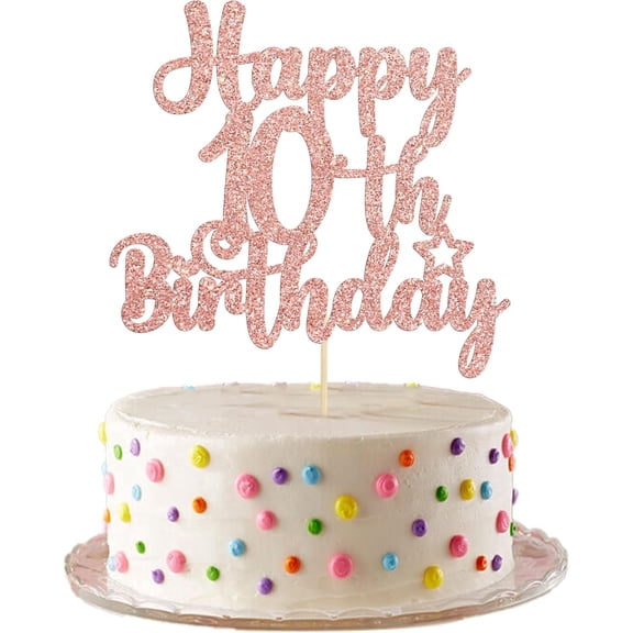 1Pc Happy 10th Birthday Cake Topper Glitter 10 & Fabulous Cheers to 10 Years Old Birthday Cake Pick for Celebrating 10th Birthday Anniversary Party Cake Decorations Supplies Rose Gold