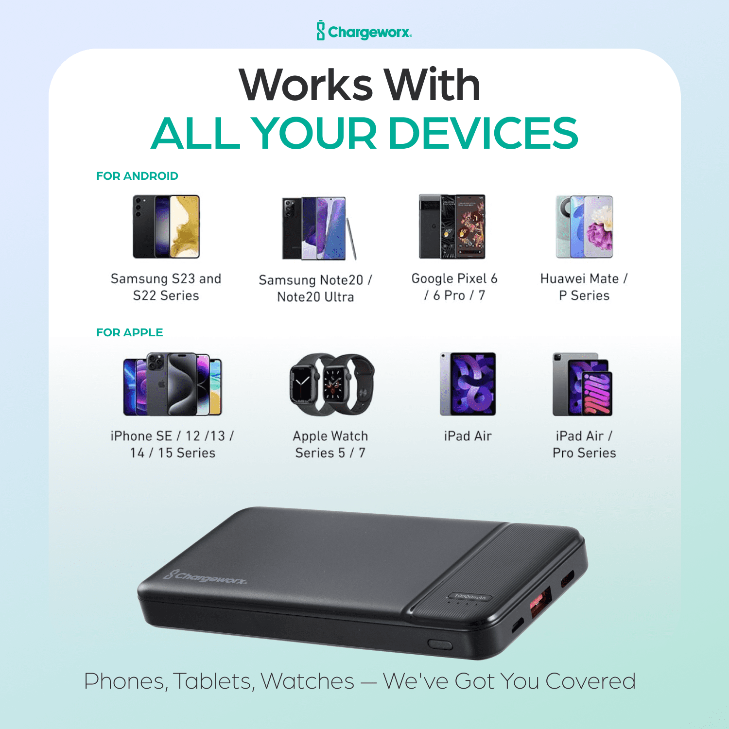 ChargeWorx 10,000mAh Portable Power Bank, 20W PD & QC Fast Charging, USB-C and USB-A Battery Pack with LED Indicator, Smart Device Detection & SafeGuard Protection, Compact Charger for Smartphones