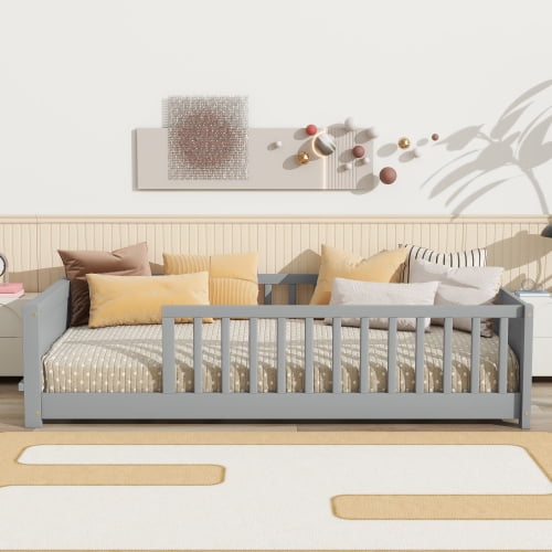 Bellemave Twin Size Floor Bed with Fence, Montessori Floor Twin Bed with Built-in Book Rack, Solid Wood Twin Bed with Slats and Safety Guardrails, Grey