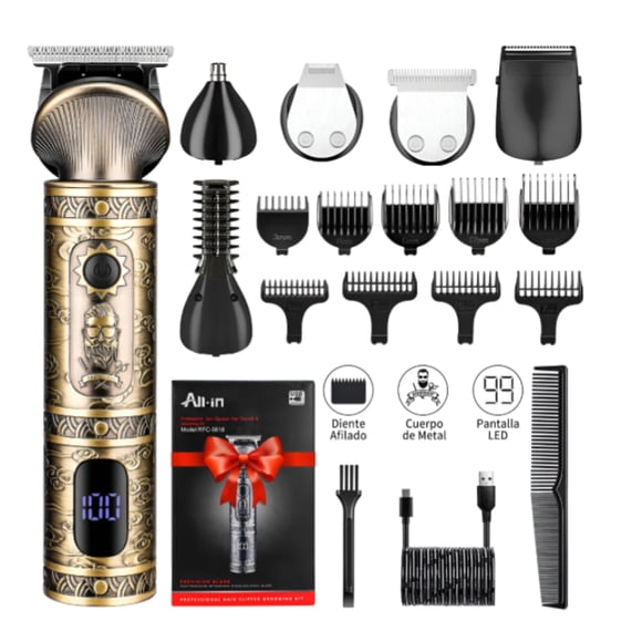 Rasuradora Electrica Cortadora de Pelo Profesional Afeitadora de Barba Nariz Máquina Para Cortar Cabello Recargable 6 En 1 Kit Regalo Hombre Modelo Dorada