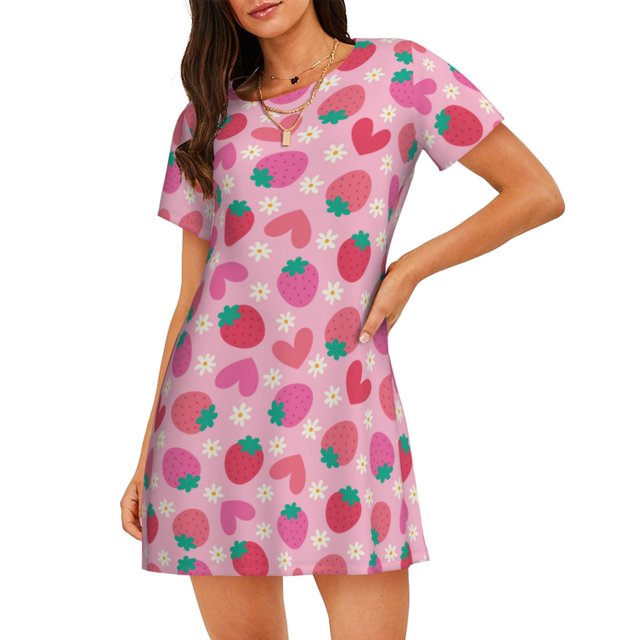 Easygdp Haear Strawberry Camisón de manga corta para mujer, informal, estampado