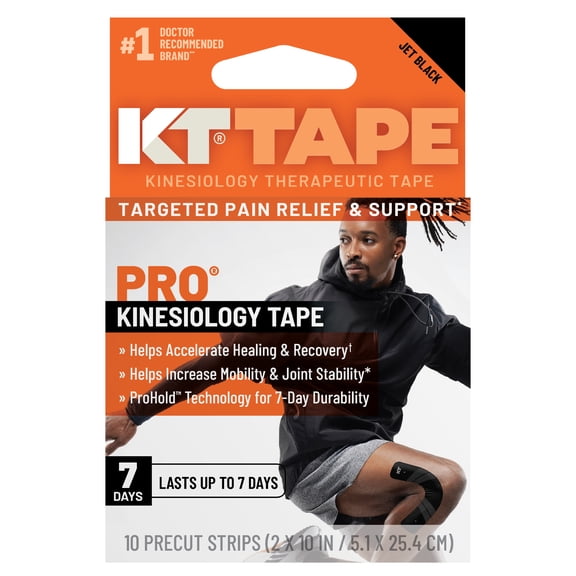 KT Tape Pro Ultra-Breathable Synthetic Kinesiology Tape, Jet Black, 10 Precut Strips