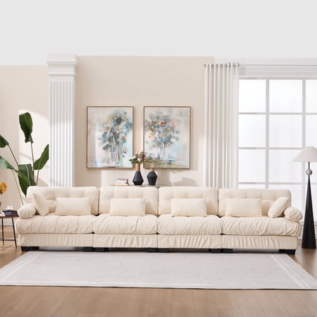 FFZ 158 inch Modular Sectional Sofa with Round Armrests and 6 Pillows, Advanced Flannelette, Beige