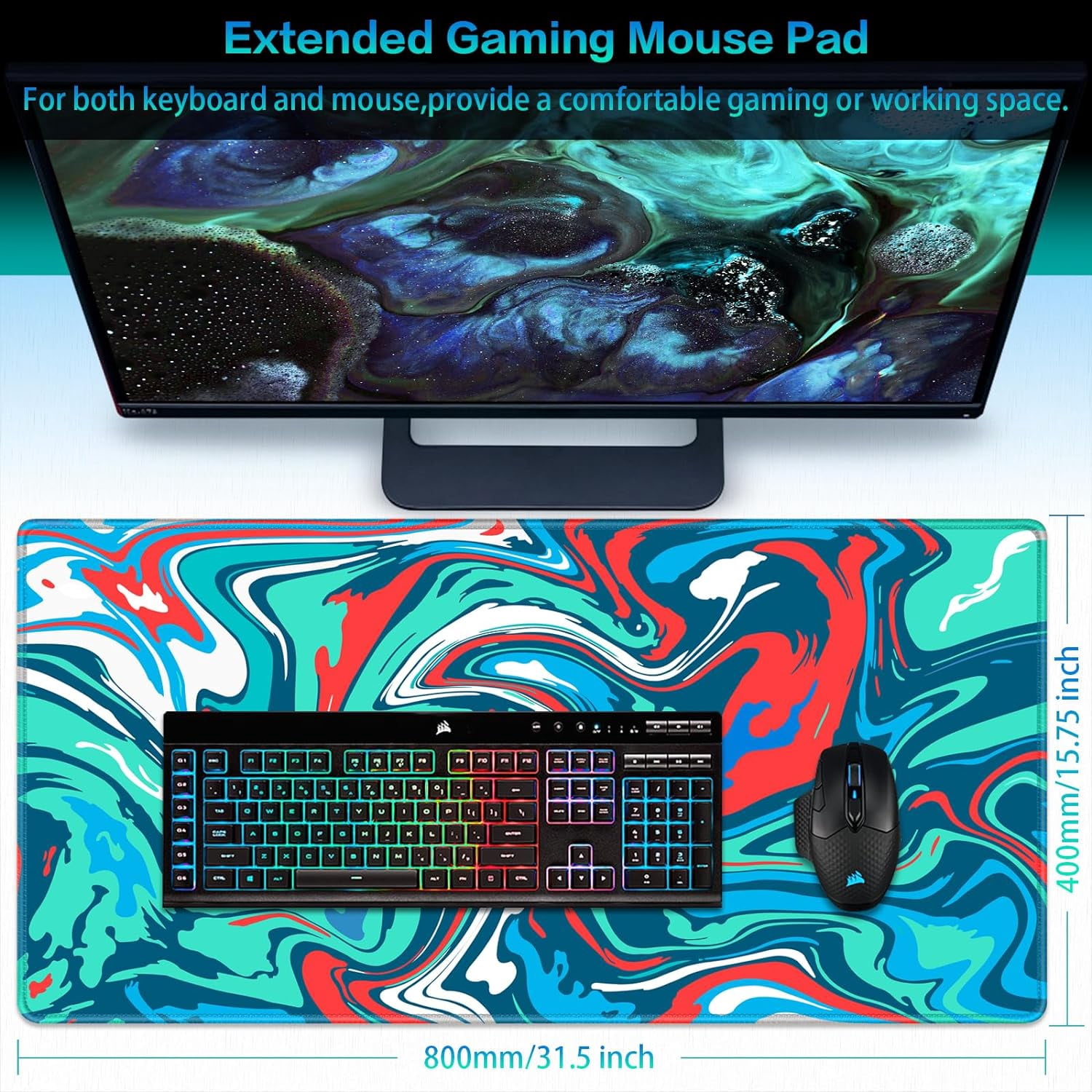 Gaming Mouse Pad, Fluid Pattern Mouse Pad 31.5x15.7inch Large Extended Computer Mouse Mat Keyboard Full Desk Mousepad for Gaming, Office, Home