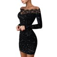 thumbnail image 5 of Women's Off-the-shoulder Sequined Lace Trim Slim Party Long Sleeve Ruffled Club Dress, 5 of 9