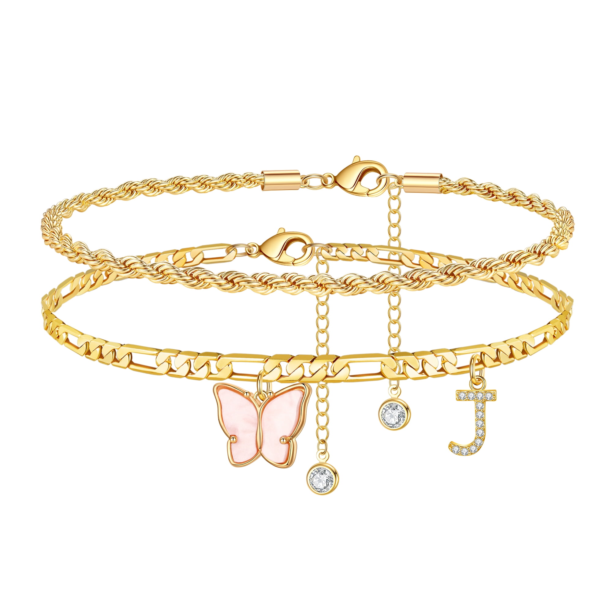 TINGN Butterfly Ankle Bracelets For Women 14K Gold Plated Layered