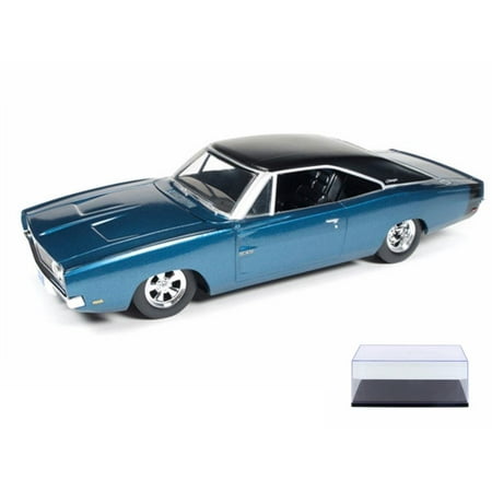 Diecast Car & Display Case Package - 1969 Custom Dodge Charger 500, Blue with Black Roof - Auto World AW24005 - 1/24 Scale Diecast Model Toy Car w/Display (Best Custom Cars In The World)