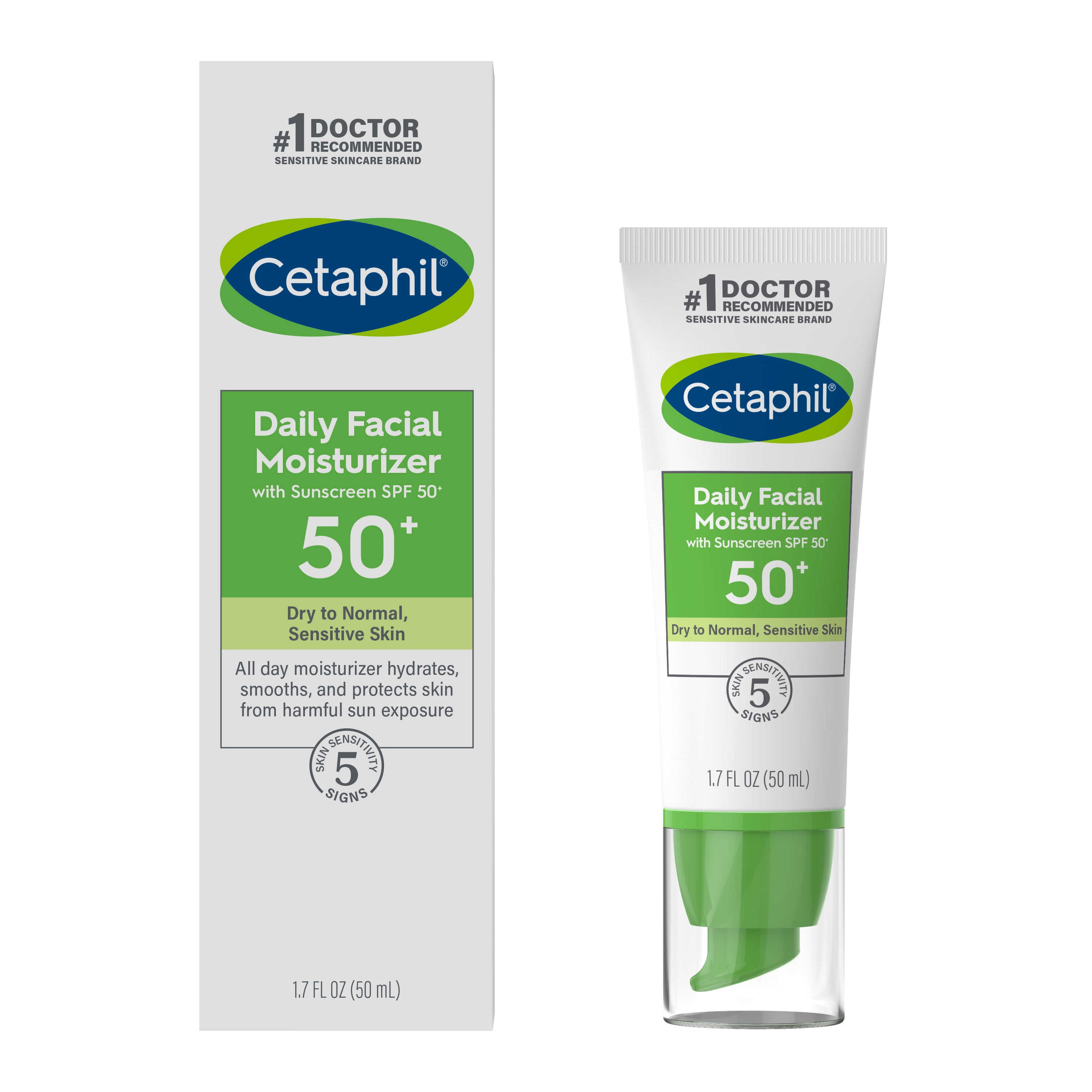 Cetaphil Daily Facial Moisturizer Broad Spectrum SPF50, Fragrance Free, 1.7 Fl Oz