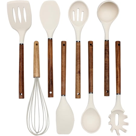 Visualz Non Stick Silicone Utensil Set with Rounded Wood Handles for Cooking and Baking, 8 Piece Set, Khaki