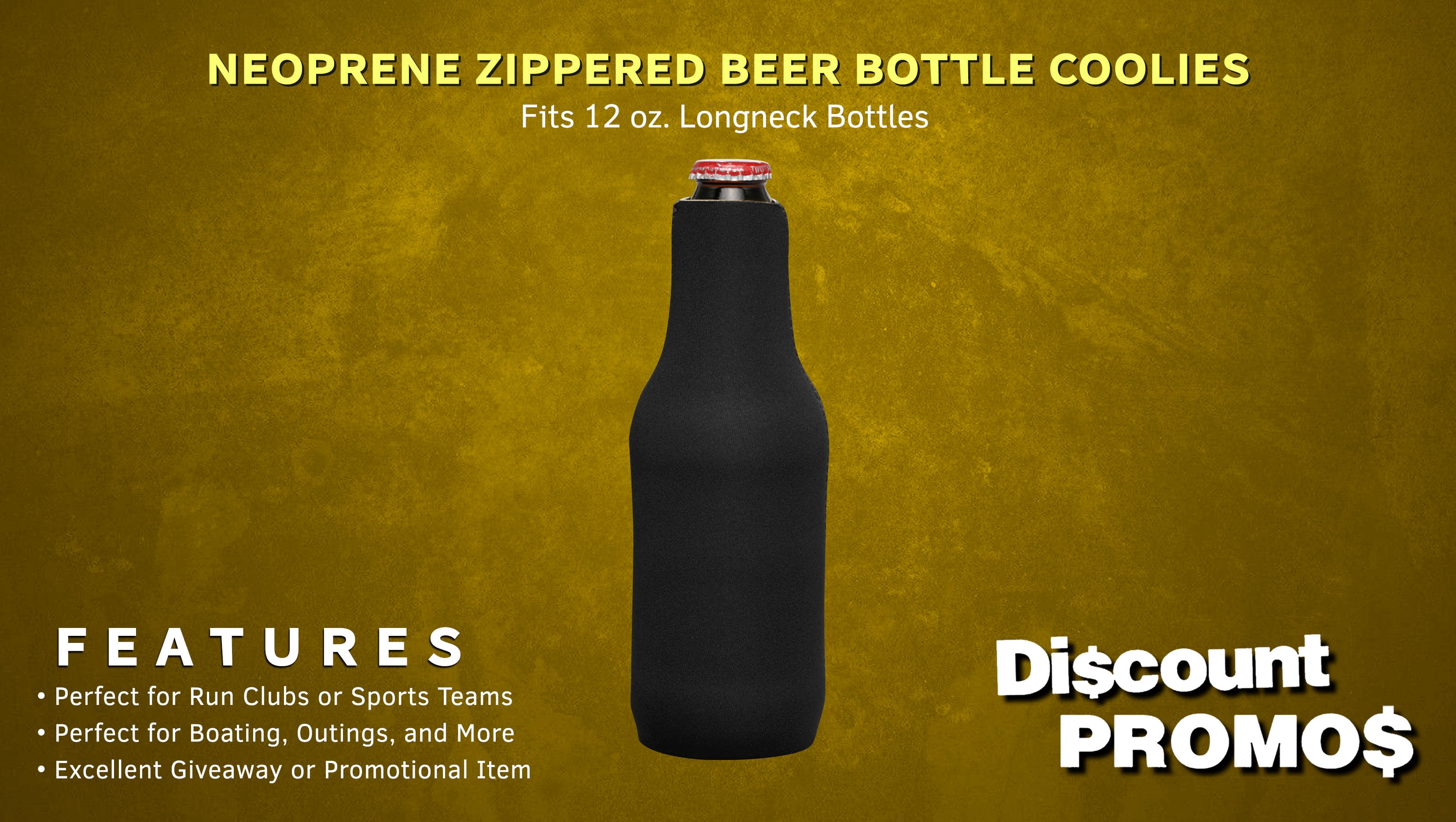 10 Neoprene Zippered Beer Bottle Coolies Pack - Sharkskin Rubber Bottom - Black