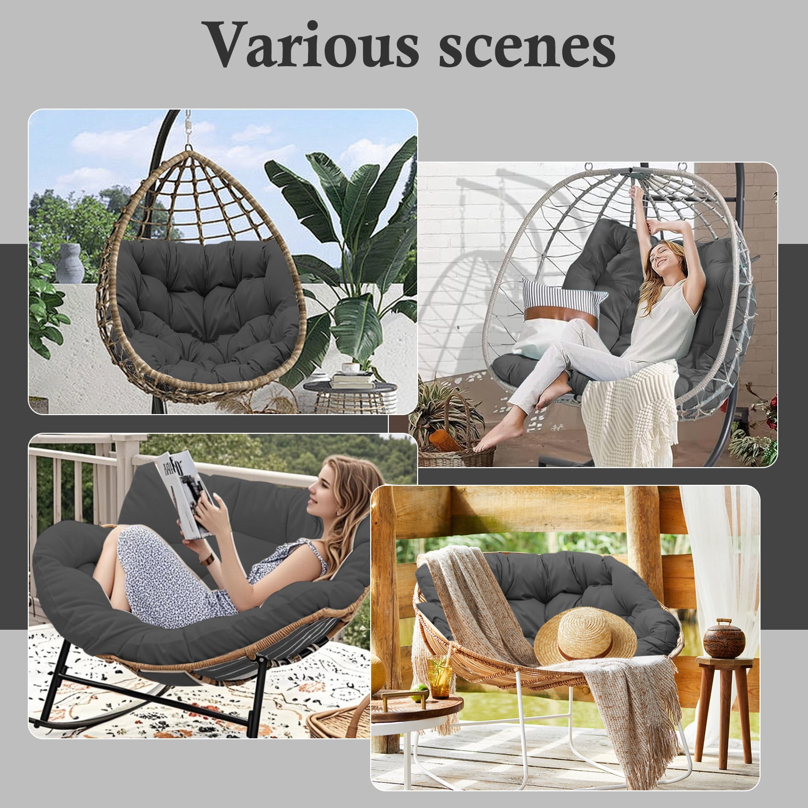 Egg Chair Cushion Replacement Waterproof – Outdoor Rocking Chair Cushions 6.3" Thick UV Resistant with 6 Straps for Patio, Balcony, Garden, Dark Gray