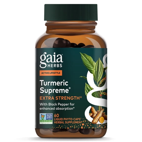 Gaia Herbs Turmeric Supreme Extra Strength - Supports Occasional Discomfort from Normal Wear & Tear* - with Turmeric Curcumin & Black Pepper - 60 Vegan Liquid Phyto-Caps (Up to 60 Servings)