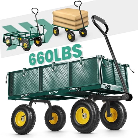 GVDV Heavy Duty Steel Garden Cart with Liner 40 x 20 660lbs Capacity 10 Wheels Utility Cart for Yard Work Hauling and Outdoor Use Black/Green