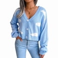 thumbnail image 2 of Women'S Casual Elegant Cloud Print Cropped Button Front Long Sleeve V Neck Knit Cardigan Blue M, 2 of 10