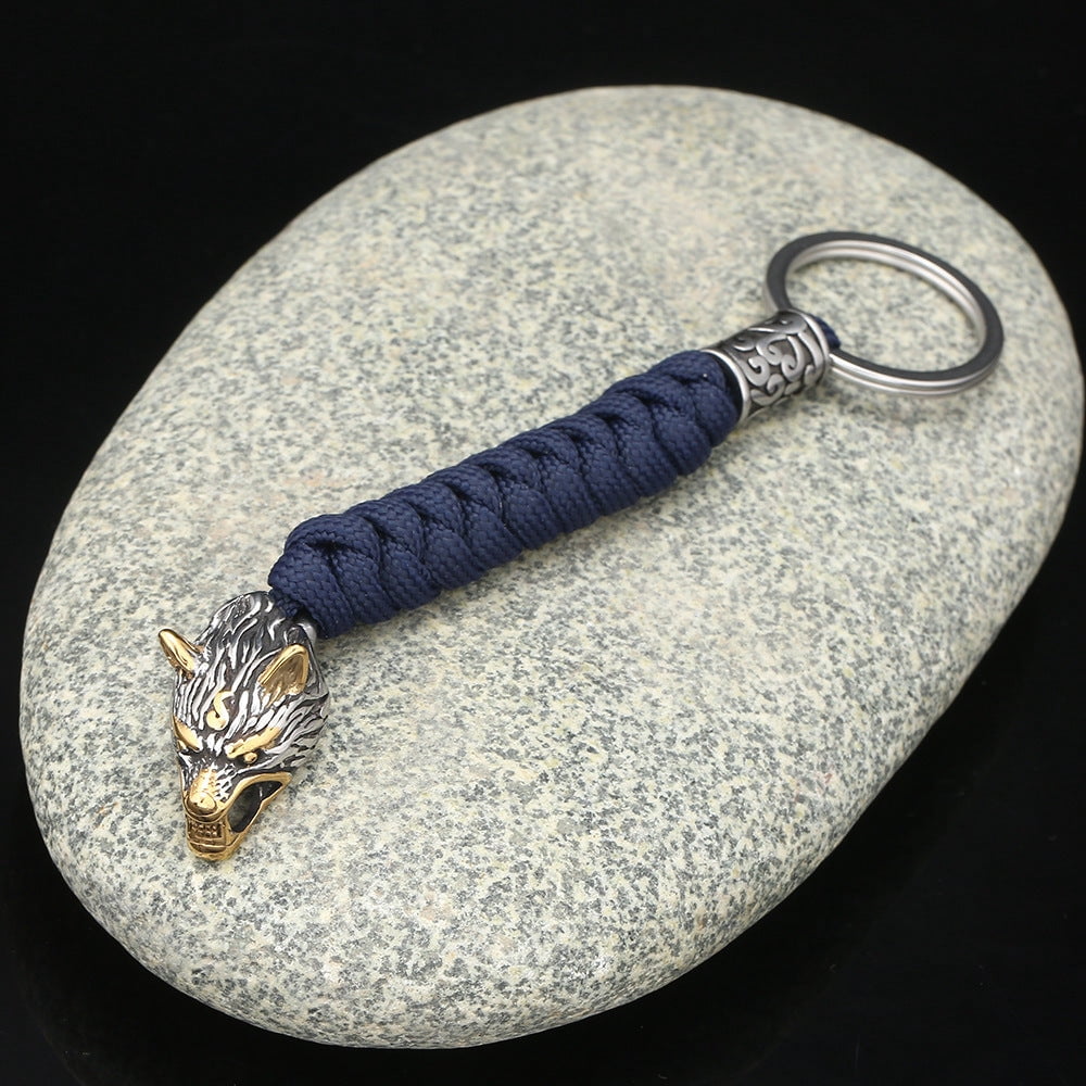 Paracord Key Ring with Wolf Head and Beads Durable Rope Weaving Keychain Stainless Steel Keyring 15cm Length Paracord