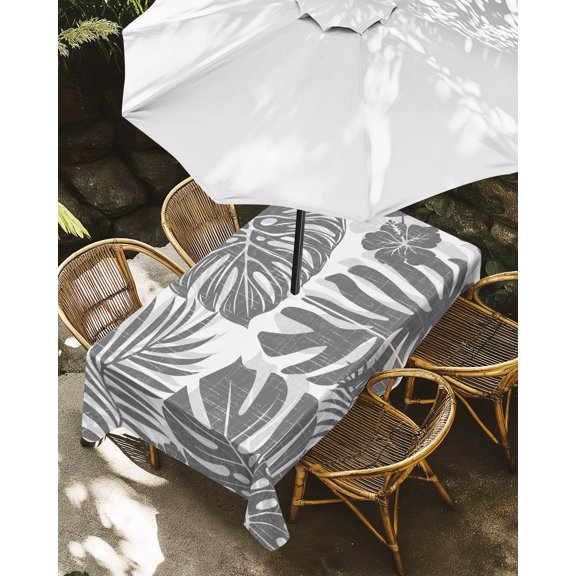 Outdoor Tablecloth with Umbrella Hole, Summer Gray Monstera Palm Leaf Zippered Table Cloth for Rectangle Tables, Tropical Plant Flower Washable Waterproof Tablecloths for Picnic Patio Garden