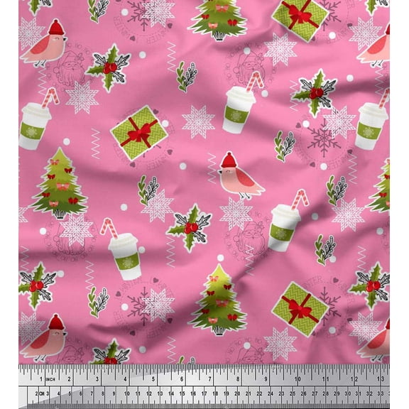 Soimoi Pink Poly Georgette Fabric Coffee Cup,Gift Box & Tree Christmas Printed Fabric 1 Yard 52 Inch Wide