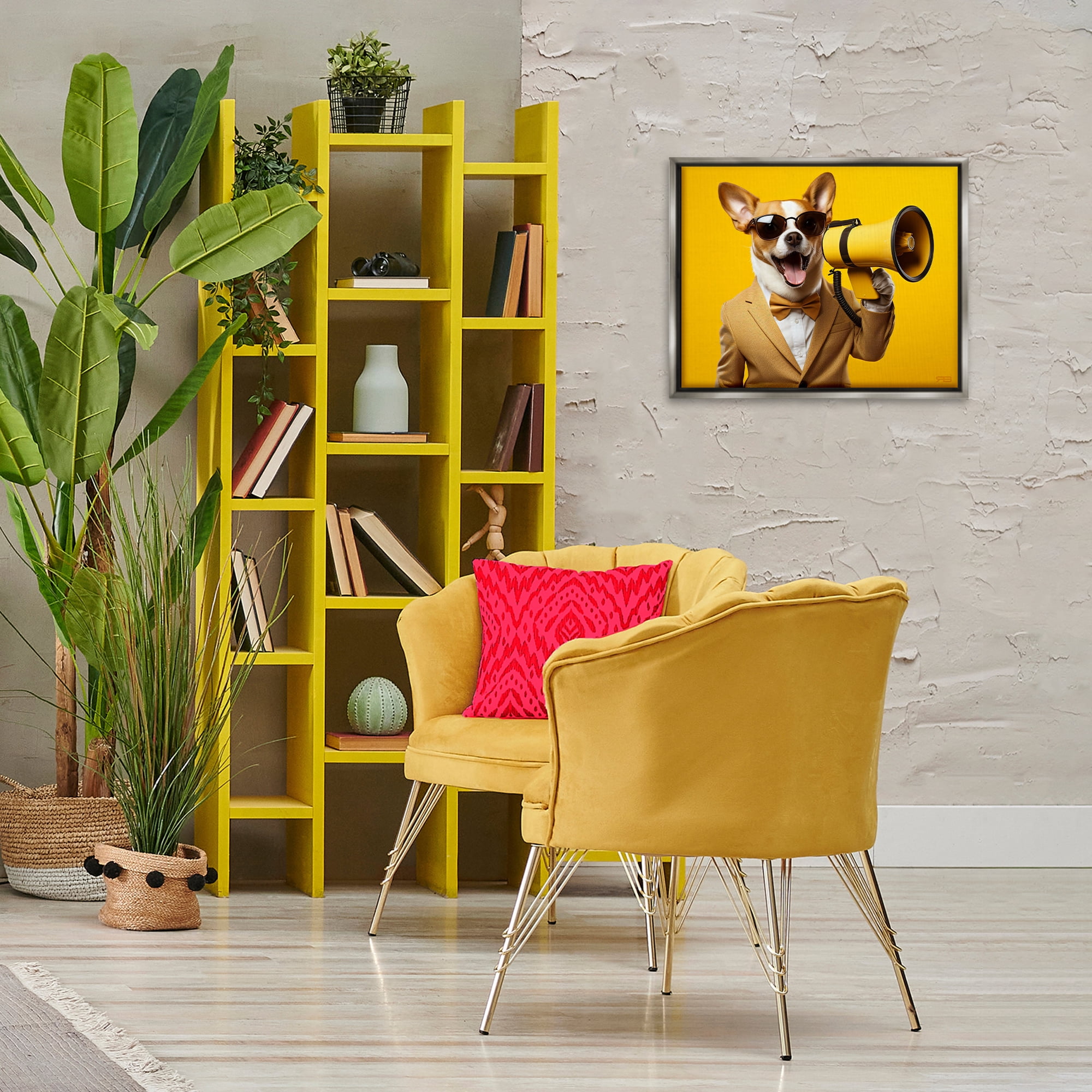 Stupell Industries Dog with Yellow Megaphone Animals & Insects Painting Gray Floater Framed Canvas Art Print Wall Art, 21 x 17