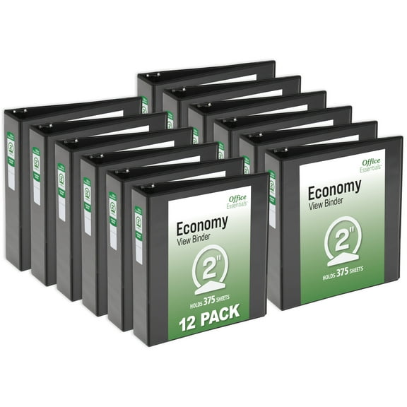 Office Essentials Economy View 3 Ring Binders, 2" Round Rings, 2.8" Spine, 375-Sheet Capacity, Black Binders (12-Pack of 03429)