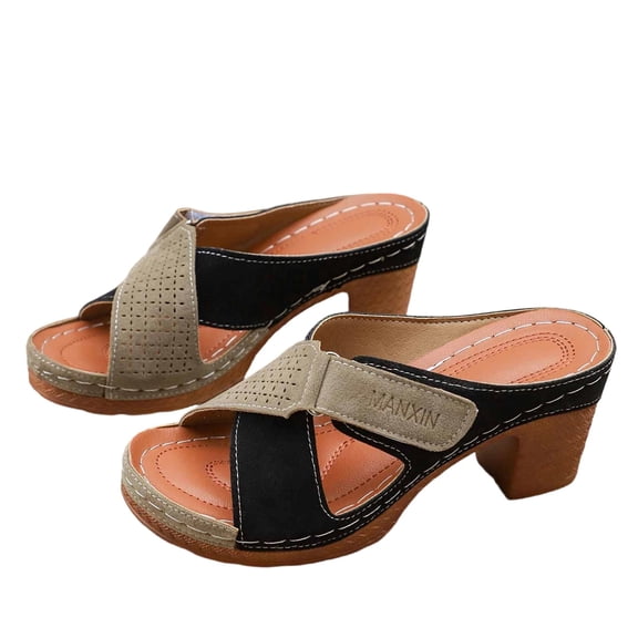 WRKEKC Womens Sandals Solid Color Vintage Elevated Cut Out Design Wide Strap High Heel Chunky Heel Slides Casual Summer