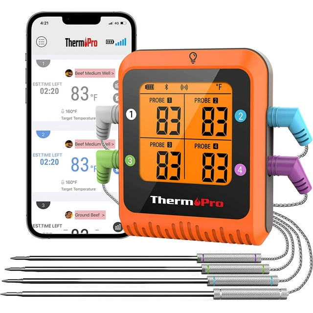 ThermoPro 650 ft Bluetooth Meat Thermometer with 4 Color-Coded Probes, Wireless Meat Thermometer Digital Wireless with Timer, Commercial Cooking Tools & Utensils Rechargeable for Smoker Oven