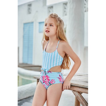 

kpoplk Girls Bathing Suits Striped Girls Holiday Casual Print Piece Cute One Bikini Swimwear Solid Girls Toddler Swimsuit(Light Blue)