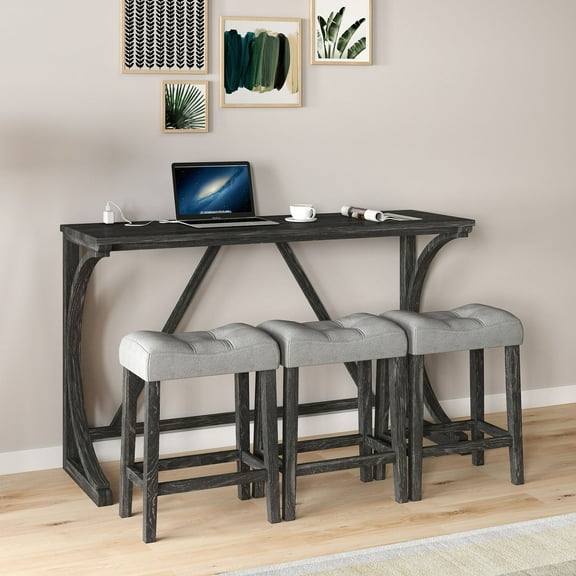 S-HOME4 Piece Bar Table and Chairs Set with Power Outlet, Stylish Industrial Design for Dining Room and Game Room