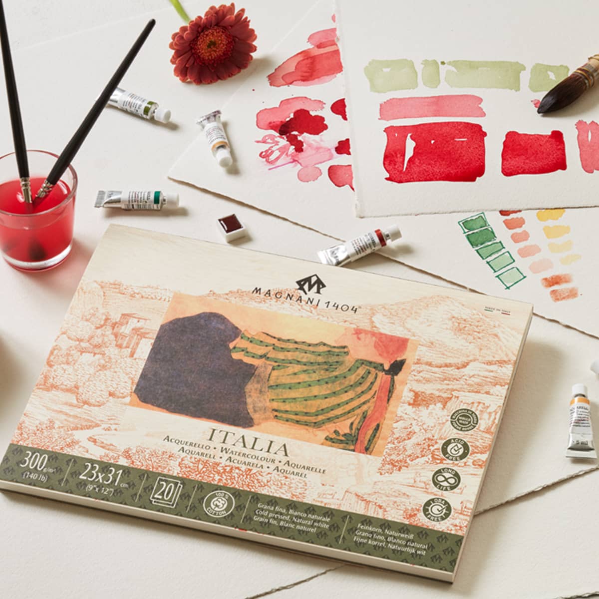 Magnani 1404 Italia Cold Press 100% Cotton Watercolor Paper Block, 10 Sheets, 9x12 inch, 300 lb, Acid-Free, UV Resistant, Vegan Sized Water Color Paper for Artists, Made in Italy
