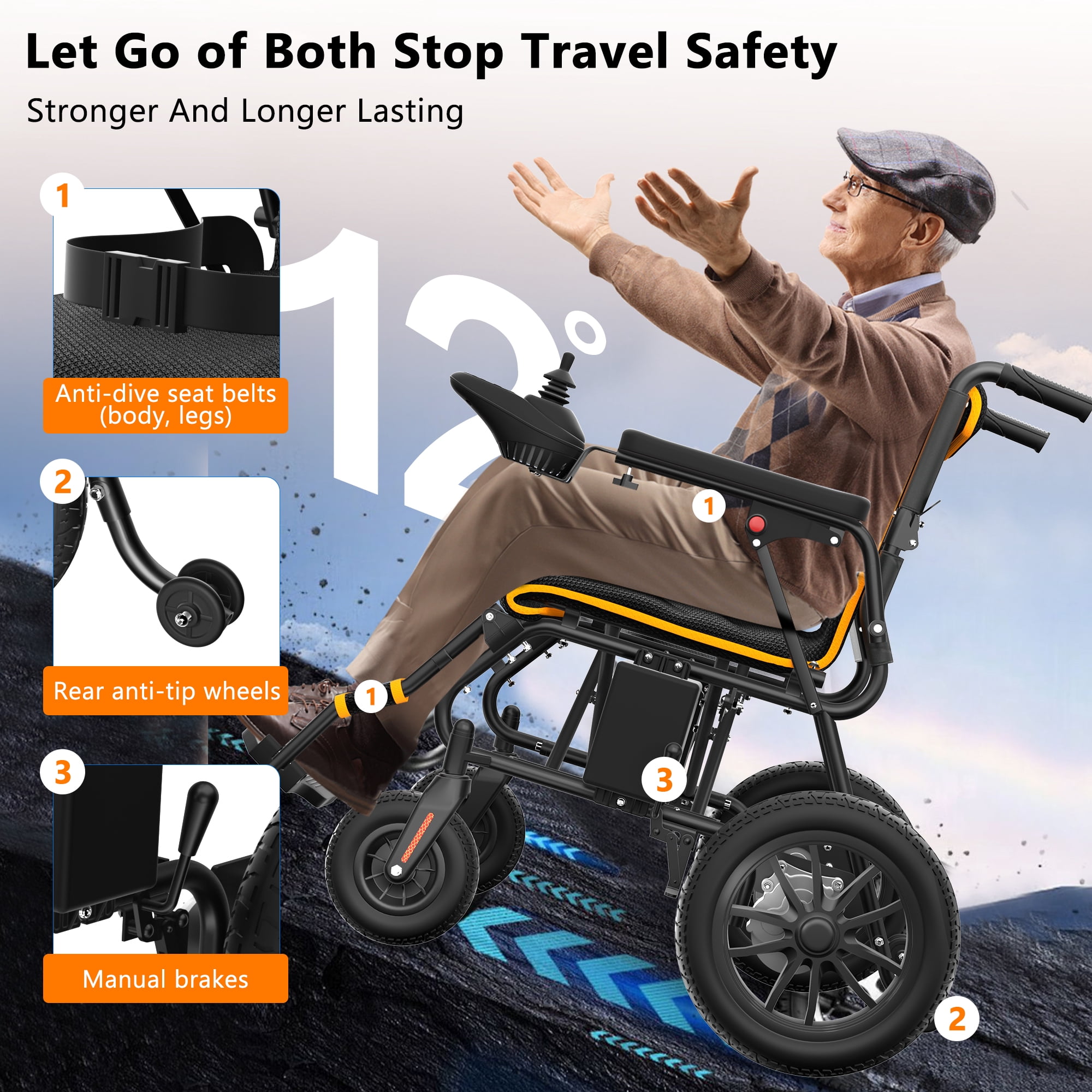 COOLHUT Electric Wheelchair 20+ miles Range All Terrain, Portable Motorized Wheelchair for Seniors, Lightweight Foldable Electric Wheelchair, 5 years warranty, 500W Dual Motors Powerful, Orange