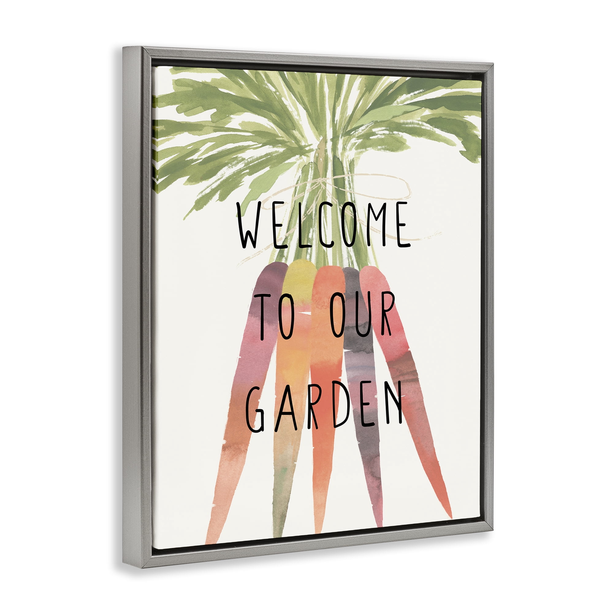 Stupell Industries Welcome Garden with Carrots Food & Beverage Painting Gray Floater Framed Canvas Art Print Wall Art, 17 x 21